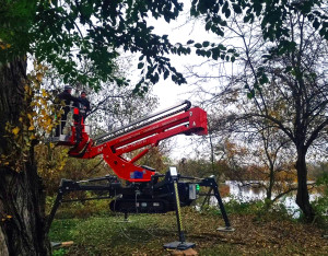 Easylift-Raupen-Arbeitsbühne beim Einsatz in einem Wald (Foto: Marcin Czopek)